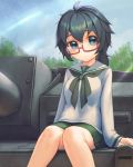  1girl ahoge bangs black_eyes black_hair blush breasts commentary_request cross_print day feet_out_of_frame frown girls_und_panzer glasses green_skirt long_hair long_sleeves looking_at_viewer medium_breasts messy_hair ooarai_school_uniform oryou_(girls_und_panzer) outdoors panzer pleated_skirt red-framed_eyewear rotix school_uniform semi-rimless_eyewear serafuku shirt short_hair sitting skirt solo tree under-rim_eyewear white_shirt 