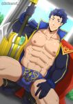  1boy abs bara blue_eyes blue_hair bulge chest fire_emblem fire_emblem:_the_binding_blade fire_emblem:_the_blazing_blade gloves hector_(fire_emblem) kakenari looking_at_viewer male_focus muscle nipples pectorals shiny shiny_hair shiny_skin short_hair solo thick_thighs thighs twitter_username upper_body 