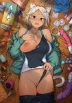  1girl anal_beads animal_ear_fluff animal_ears aqua_jacket bare_shoulders black_eyes black_pants blonde_hair blush bottle breasts cat_ears cat_tail chair collarbone commentary_request competition_swimsuit condom_wrapper cuffs dark_skin dildo drooling from_above groin hand_on_own_chest handcuffs inverted_nipples jacket kr_ohoshisama large_breasts long_sleeves looking_at_viewer lying nose_blush off_shoulder on_back on_floor one-piece_swimsuit one_breast_out open_clothes open_jacket open_mouth original pants pants_pull pussy rope saliva sex_toy short_hair solo star_(symbol) sweat swimsuit swimsuit_aside tail thermos tissue_box track_jacket two-tone_swimsuit uncensored used_tissue vibrator whistle whistle_around_neck wooden_floor 