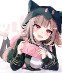  1girl bangs black_legwear blunt_bangs blush breast_rest breasts danganronpa danganronpa_1 eyebrows_visible_through_hair handheld_game_console highres hood hoodie large_breasts long_sleeves looking_at_viewer machamochi messy_hair nanami_chiaki open_mouth pantyhose pink_eyes short_hair smile solo 