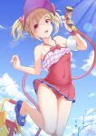  1girl blonde_hair blue_footwear blue_sky day dress_swimsuit fate/grand_order fate_(series) flat_chest highres holding_hose hose_nozzle illyasviel_von_einzbern_(swimsuit_archer)_(fate) inflatable_armbands outdoors red_eyes red_swimsuit shiunnkaku sky solo standing standing_on_one_leg swimsuit twintails visor_cap 