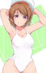  1girl absurdres ankoiri armpits arms_up blush breasts brown_hair cleavage collarbone green_background highres holding koizumi_hanayo looking_at_viewer love_live! love_live!_school_idol_project medium_breasts one-piece_swimsuit purple_eyes short_hair smile solo swimsuit wet white_swimsuit 