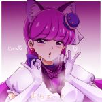  1girl animal_ears bangs blush bow cat_ears cat_girl cure_macaron earrings elbow_gloves eyebrows_visible_through_hair fake_animal_ears food_themed_hair_ornament gloves gradient gradient_background h26r hair_ornament holding holding_clothes holding_panties holding_underwear jewelry kirakira_precure_a_la_mode long_hair looking_at_viewer macaron_hair_ornament panties precure presenting_panties purple_background purple_bow purple_eyes purple_hair purple_panties shiny shiny_hair shirt short_sleeves solo triangle_mouth underwear upper_body very_long_hair white_gloves white_shirt 