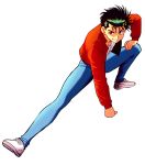  1boy black_hair blue_pants brown_eyes denim full_body jacket jeans jungyun99 looking_at_viewer male_focus pants red_jacket shirt short_hair smile solo stretch urameshi_yuusuke white_footwear white_shirt yuu_yuu_hakusho 