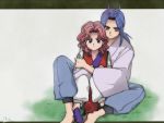  1boy 1girl antenna_hair brown_eyes couple genkai grass grey_hair hetero hug hug_from_behind japanese_clothes long_hair looking_at_viewer medium_hair petagon pink_hair shishiwakamaru sidelocks simple_background sitting younger yuu_yuu_hakusho 