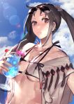  1girl bangs bare_shoulders bikini blue_sky blush breasts brown_eyes brown_hair cleavage closed_mouth cloud collarbone consort_yu_(fate) cup drinking_glass earrings eyewear_on_head fate/grand_order fate_(series) grey_eyes hair_ornament highres holding holding_cup jewelry lens_flare long_hair looking_at_viewer medium_breasts multiple_earrings open_clothes open_eyes peperon_(peperou) robe sky sunglasses sweat sweatdrop swimsuit twintails very_long_hair white_bikini yu_miaoyi_(swimsuit_lancer) 