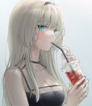  1girl an-94_(girls_frontline) aqua_eyes aqua_nails black_dress blush breasts cleavage commentary_request cup disposable_cup dress drinking_straw eyebrows_visible_through_hair girls_frontline grey_background hairband ice ice_cube long_hair looking_to_the_side nail_polish platinum_blonde_hair sweat urano_ura 