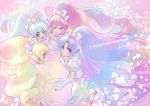  4girls :d blonde_hair blue_eyes blue_hair bow closed_eyes closed_mouth copyright_name cure_fortune cure_honey cure_lovely cure_princess earrings elbow_gloves floating_hair frilled_gloves frills gloves hair_bow hair_ornament happinesscharge_precure! heart heart_earrings heart_hair_ornament high_ponytail highres jewelry layered_skirt long_hair miniskirt multiple_girls open_mouth pink_hair precure profile shiny shiny_hair shipu_(gassyumaron) skirt smile star_(symbol) star_earrings twintails very_long_hair white_bow white_gloves yellow_eyes 