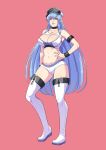  1girl absurdres akame_ga_kill! blue_eyes blue_hair boots breasts choker cirenk cleavage collarbone commission esdeath full_body hand_on_hip hat highres knee_boots large_breasts long_hair looking_at_viewer navel parted_lips solo very_long_hair white_footwear white_headwear 