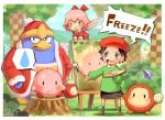  2girls adeleine artist_name beret black_hair blue_eyes bow day easel forest hair_bow hat highres holding holding_paintbrush king_dedede kirby kirby_(series) kirby_64 long_sleeves looking_at_another multiple_girls nature open_mouth outdoors paintbrush pink_hair red_bow ribbon_(kirby) sho.t short_hair sitting speech_bubble tree waddle_dee 