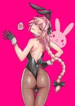  1boy absurdres alternate_costume animal_ears astolfo_(fate) black_gloves black_ribbon braid braided_ponytail bunny_boy bunny_ears bunny_hair_ornament bunny_tail bunnysuit fate/apocrypha fate/grand_order fate_(series) gloves hair_ornament heart hej highres leotard long_hair looking_at_viewer one_eye_closed pink_background pink_hair purple_eyes ribbon simple_background solo tail tongue tongue_out 