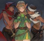  3: 3girls artist_name belt black_hair blonde_hair blue_eyes bracelet breasts brown_hair cleavage cowboy_shot dungeons_&amp;_dragons:_shadow_over_mystara dungeons_and_dragons earrings elf eyebrows_visible_through_hair fingerless_gloves forehead_jewel gloves green_gloves hand_on_hip hands_together headband heart highres hoop_earrings jewelry long_hair long_pointy_ears looking_to_the_side lucia_(d&amp;d) medium_breasts moriah morry multiple_girls navel necklace one_eye_closed pants parted_lips pointy_ears ponytail red_hood red_scarf scarf shannon_(d&amp;d) short_hair shoulder_pads studded_gloves sword tan thief toned tunic weapon white_scarf 