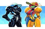  2girls arm_cannon bikini dark_samus english_commentary hand_on_hip hat highres looking_at_viewer metroid multiple_girls power_armor rariatto_(ganguri) samus_aran slingshot_swimsuit sun_hat sweatdrop swimsuit thick_thighs thighs visor weapon white_bikini 