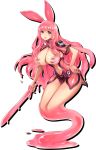  +_+ 1girl animal_ears bangs black_eyes blush blush_stickers breasts bunny_ears covering covering_breasts full_body hand_on_hip heart highres holding holding_sword holding_weapon large_breasts long_hair looking_at_viewer melona monster_girl navel official_art parted_lips pink_hair prehensile_hair queen&#039;s_blade queen&#039;s_blade_white_triangle revealing_clothes slime_girl smile solo sword symbol-shaped_pupils tachi-e weapon 