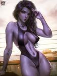  1girl absurdres areola_slip areolae breasts center_opening earrings green_eyes highres jewelry large_breasts lips logan_cure long_hair looking_at_viewer navel one-piece_swimsuit outdoors overwatch purple_hair purple_lips purple_skin solo spider_tattoo swimsuit watermark web_address wet widowmaker_(overwatch) 