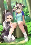  2girls animal_ears antenna_hair autism_wanderer bare_arms bare_legs bike_shorts black_eyes black_hair boots bow bowtie brown_hair closed_mouth clothes_writing collarbone collared_shirt company_name copyright cuts day donkey_(kemono_friends) donkey_ears donkey_tail dutch_angle eyebrows_visible_through_hair forehead full_body furrowed_eyebrows grass greater_roadrunner_(kemono_friends) green_eyes grey_hair hair_between_eyes hair_tubes hand_on_another&#039;s_leg handkerchief high_ponytail highres injury kemono_friends kneeling leaf leaf_on_head long_hair long_sleeves looking_at_another looking_down medium_hair multicolored_hair multiple_girls official_art outdoors pantyhose shirt shoes short_sleeves sidelocks sitting skirt smile socks t-shirt tail tree tree_stump vest watermark wing_collar 