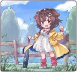  1girl animal_ears baseball_bat blue_sky bone_hair_ornament bracelet brown_eyes brown_hair buttons cartoon_bone chibi cloud collar commentary_request dog_collar dog_ears dog_girl dog_tail dress eyebrows_visible_through_hair fang fence grass hair_ornament hairclip highres hololive inugami_korone jacket jewelry long_hair looking_at_viewer loose_socks low_twin_braids outdoors paw_print red_collar red_legwear sakino_shingetsu shoes short_dress side_braids sky sneakers socks solo tail tree virtual_youtuber white_dress wooden_fence wristband yellow_jacket 