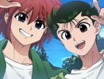  2boys black_hair blue_eyes brown_eyes collarbone face fang green_jacket jacket jin_kaze_tsukai looking_at_viewer male_focus multiple_boys open_mouth petagon red_hair shirt short_hair sidelocks sky teeth upper_body urameshi_yuusuke white_shirt yuu_yuu_hakusho 