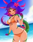  1girl :d animal_ears ayatori_(aytr) bangs bare_arms bare_shoulders beach bikini blue_hair blue_sky blush breasts cleavage cloud collarbone commentary_request cowboy_shot day fang flower front-tie_bikini front-tie_top gradient_hair hair_flower hair_ornament hand_up hibiscus highres league_of_legends lizard_girl lizard_tail looking_at_viewer medium_breasts medium_hair monster_girl multicolored_hair navel neeko_(league_of_legends) ocean open_mouth orange_bikini orange_eyes outdoors purple_hair sky slit_pupils smile solo standing swimsuit tail two-tone_hair vastaya 
