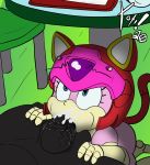  armor balls big_penis bodily_fluids cum cum_in_mouth cum_inside female genital_fluids genitals headgear helmet hi_res male nude oral penis polly_esther samurai_pizza_cats under_table xoti_(artist) 