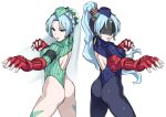  2girls ass black_legwear blindfold blue_eyes blue_hair blue_headwear blue_leotard bodypaint breasts cammy_white cammy_white_(cosplay) commentary_request corruption cosplay cowboy_shot dark_persona decapre decapre_(cosplay) emphasis_lines garrison_cap green_headwear green_leotard grune_(tales) hai_(h81908190) hat large_breasts leotard long_hair multiple_girls ponytail pose ribbed_leotard schwartz shadaloo_dolls shoulder_pads simple_background street_fighter street_fighter_zero_(series) tales_of_(series) tales_of_legendia thong_leotard white_background 