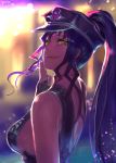  1girl absurdres bangs bare_shoulders blurry blurry_background breasts fate/grand_order fate_(series) fingerless_gloves gloves hand_up hat high_ponytail highres licking_lips long_hair looking_to_the_side multicolored_hair peaked_cap peperon_(peperou) ponytail purple_hair sesshouin_kiara sesshouin_kiara_(swimsuit_mooncancer)_(fate) sideboob sidelocks signature streaked_hair tongue tongue_out wavy_hair yellow_eyes 