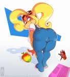  2020 activision anthro bandicoot bent_over big_breasts big_butt blonde_hair breasts butt camel_toe clothed clothing coco_bandicoot computer crash_bandicoot crash_bandicoot_(series) digital_media_(artwork) eyewear eyewear_on_head female goggles goggles_on_head green_eyes hair laptop llmixll long_hair looking_back mammal marsupial overalls shirt text topwear url video_games wumpa_fruit 