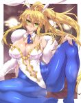  1girl animal_ears artoria_pendragon_(all) artoria_pendragon_(swimsuit_ruler)_(fate) blonde_hair blue_legwear blue_neckwear breasts bunny_ears bunny_girl cleavage fake_animal_ears fate/grand_order fate_(series) fishnet_legwear fishnets fur_trim hand_on_own_knee highres large_breasts leotard long_hair looking_at_viewer navel navel_cutout necktie pantyhose sitting spread_legs steam wakura_(gcdan) white_fur white_leotard 