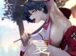 1girl arm_up armpits black_hair blue_archive breasts detached_sleeves fan fanning_self from_side highres kanji looking_at_viewer no_bra short_hair solo sweat sweating_profusely teeth tok tongue tongue_out waterswing 