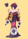  1girl absurdres bangs bare_shoulders blue_eyes blunt_bangs breasts cirenk cleavage collarbone eyebrows_visible_through_hair fate/grand_order fate_(series) full_body highres japanese_clothes katsushika_hokusai_(fate/grand_order) kimono large_breasts looking_at_viewer off-shoulder_kimono parted_lips purple_hair short_hair simple_background solo yellow_background 