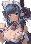  1girl :3 aqua_eyes aqua_hair azur_lane bangs bare_shoulders black_dress black_hair black_neckwear black_ribbon blue_hair breasts cheshire_(azur_lane) cleavage cleavage_cutout collared_dress detached_sleeves dress earrings eyebrows_visible_through_hair frilled_dress frilled_hairband frilled_headband frills hair_intakes hair_ribbon hairband hands_up highres jewelry large_breasts looking_at_viewer maid maid_headdress moutama multicolored_hair neck_ribbon parted_lips paw_pose ribbon shiny shiny_hair short_hair short_sleeves simple_background sleeveless sleeveless_dress smile solo streaked_hair upper_body white_background white_ribbon wrist_cuffs 