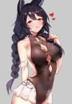  1girl animal_ears bangs bare_shoulders black_hair black_swimsuit blush braid breasts collarbone covered_navel erune granblue_fantasy grey_background hair_between_eyes heart highleg highleg_swimsuit highres large_breasts long_hair looking_at_viewer nier_(granblue_fantasy) one-piece_swimsuit open_mouth red_eyes remora180 sidelocks simple_background smile swimsuit twin_braids 