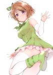  1girl :&gt; absurdres ankoiri arm_warmers ass blush boots bow breasts brown_hair convenient_leg dress green_bow green_dress green_footwear hair_bow highres koizumi_hanayo leg_lift looking_at_viewer love_live! love_live!_school_idol_project medium_breasts purple_eyes short_hair simple_background sleeveless sleeveless_dress solo thighhighs white_background white_legwear 