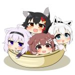  4girls ahoge animal_ear_fluff animal_ears bangs black_hair blush bone_hair_ornament bowl brown_eyes brown_hair cat_ears cat_girl chibi commentary_request dog_ears dog_girl eyebrows_visible_through_hair fang fox_ears fox_girl green_eyes hair_between_eyes hair_ornament hairband hairclip highres hololive hololive_gamers inugami_korone long_hair looking_at_viewer multicolored_hair multiple_girls nekomata_okayu ookami_mio open_mouth orange_eyes purple_eyes purple_hair red_hair shirakami_fubuki sidelocks simple_background two-tone_hair twumi virtual_youtuber white_background white_hair wolf_ears wolf_girl 