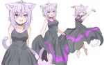 1girl :d adapted_costume ahoge alternate_costume animal_ear_fluff animal_ears armpits arms_up barefoot black_choker black_dress blush breasts cat_ears cat_tail choker cleavage closed_eyes commentary cowboy_shot dancing dress eating eyebrows_visible_through_hair food foxxarius hair_between_eyes highres hololive jumping lavender_hair medium_breasts mole mole_on_breast mouth_hold multiple_views nekomata_okayu onigiri open_mouth purple_eyes short_hair simple_background skirt_hold sleeveless sleeveless_dress smile symbol_commentary tail virtual_youtuber white_background 