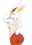  2020 absurd_res anthro blush breasts butt cinderace clothing female hi_res nintendo open_mouth pok&eacute;mon pok&eacute;mon_(species) simple_background solo umisag85rabb99 video_games white_background 