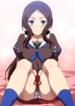  1girl absurdres anime_coloring bangs blue_eyes blue_legwear blush breasts brown_hair brown_shirt closed_mouth commentary_request fate/grand_order fate_(series) forehead hera_(hara0742) highres leonardo_da_vinci_(fate/grand_order) leonardo_da_vinci_(rider)_(fate) long_hair looking_at_viewer panties parted_bangs ponytail puff_and_slash_sleeves puffy_short_sleeves puffy_sleeves red_skirt sailor_collar shirt short_sleeves sidelocks sitting skirt smile thighs underwear white_panties 
