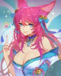  1girl ahri animal_ear_fluff animal_ears bangs bare_shoulders bell blue_eyes blue_kimono breasts choker cleavage collarbone commentary fox_ears fox_girl fox_tail hair_bell hair_between_eyes hair_ornament hand_up heart japanese_clothes kimono kumiho large_breasts league_of_legends long_hair looking_at_viewer nail_polish pink_hair pink_nails ribbon smile solo songjikyo sparkle spirit_blossom_ahri tail upper_body vastaya whisker_markings 