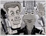  2020 5_fingers amphibian anthro armor black_and_white border bruce_mccorkindale buckaroo_banzai clothing crossover domestic_pig duo evil_grin fingers frog greyscale headgear helmet hi_res kermit_the_frog link_hogthrob looking_at_viewer machine male male/male mammal monochrome muppet muppets parody sesame_street shirt signature smile snout spiked_hair suid suina sus_(pig) teeth topwear white_border 
