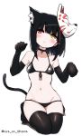 1girl animal_ear_fluff animal_ears bikini black_bikini black_choker black_gloves black_legwear blush breasts cat_ears cat_tail choker cross elbow_gloves fox_mask full_body gloves heterochromia highres kneeling kuchinashi_(not_on_shana) looking_at_viewer mask mask_on_head navel not_on_shana original paw_pose short_hair side-tie_bikini simple_background small_breasts solo swimsuit tail thighhighs white_background 