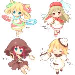  4girls :d ^_^ aikei_ake bangs bare_arms bare_shoulders blonde_hair blue_eyes blush boots brown_dress brown_eyes brown_footwear brown_hair chibi closed_eyes closed_mouth commentary_request dress eyebrows_visible_through_hair hair_between_eyes hat highres holding long_hair long_sleeves looking_at_viewer multiple_girls open_mouth original outstretched_arm personification puffy_long_sleeves puffy_sleeves purple_hair red_headwear red_neckwear shoes simple_background sleeveless sleeveless_dress sleeves_past_wrists smile sparkle standing standing_on_one_leg teapot tilted_headwear translation_request twintails veil very_long_hair white_background white_dress white_footwear white_headwear wide_sleeves 