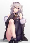  1girl animal_ears bare_shoulders black_footwear black_nails breasts cleavage crossed_ankles ear_piercing finger_to_mouth fur-trimmed_jacket fur_trim grey_eyes grey_hair hair_between_eyes hinamaru hololive jacket jewelry lion_ears lion_girl long_hair looking_at_viewer nail_polish necklace off-shoulder_jacket piercing shirt shishiro_botan single_leg_pantyhose sitting solo thigh_strap thighs torn_clothes torn_legwear virtual_youtuber 