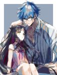 1boy 1girl age_difference bangs black_hair blue_eyes blue_hair chain closed_mouth commentary_request eyebrows_visible_through_hair eyelashes facial_mark fate/grand_order fate_(series) forehead_mark frown fuku-ro glasses hans_christian_andersen_(fate) highres knees_together long_hair looking_at_viewer parted_bangs sesshouin_kiara sesshouin_kiara_(lily) shirt sitting striped striped_shirt yellow_eyes 