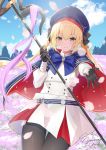  1girl artoria_pendragon_(all) artoria_pendragon_(caster) black_legwear blonde_hair cloud commentary_request cowboy_shot day eyebrows_visible_through_hair fate/grand_order fate_(series) gloves green_eyes hair_between_eyes hat highres holding holding_staff looking_at_viewer outdoors pantyhose skirt sky smile solo staff standing tree twintails underwear yamamura_umi 
