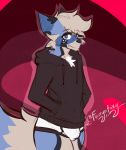  absurd_res ailurid anthro blue_eyes bottomless bulge canid canine canis clothed clothing furryafoxy hi_res hoodie hybrid looking_at_viewer male mammal red_panda smile solo sweater topwear underwear wolf 