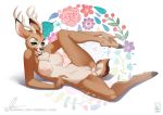  abstract_background anthro antlers anus aomori bent_legs breasts brown_body brown_fur capreoline cervid chest_tuft cloven_hooves female fingernails flower fur genitals green_eyes hooves horn licking licking_lips looking_at_viewer lying mammal nails navel nipples on_side plant pussy solo spots spread_legs spreading tongue tongue_out tuft white-tailed_deer zoey_(boolean) 