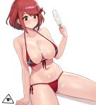  1girl bangs bare_shoulders bikini blush breasts closed_mouth collarbone donburikazoku earrings food food_on_breasts front-tie_bikini front-tie_top groin hand_up highres holding holding_food homura_(xenoblade_2) jewelry large_breasts looking_down melting navel popsicle red_bikini red_hair shiny shiny_hair short_hair simple_background sitting solo strap_gap suggestive_fluid swept_bangs swimsuit thighs white_background xenoblade_(series) xenoblade_2 