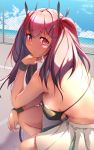  1girl azur_lane bangs bikini bikini_top blue_hair blush breasts bremerton_(azur_lane) bremerton_(scorching-hot_training)_(azur_lane) dermar hair_between_eyes hair_ornament hairclip hand_on_own_chin hand_on_own_knee highres large_breasts long_hair looking_at_viewer mole mole_under_eye multicolored_hair pink_eyes pink_hair racket shirt sideboob signature sitting sleeveless sleeveless_shirt solo sportswear streaked_hair sulking swimsuit tennis_court tennis_racket tennis_uniform tongue tongue_out twintails two-tone_skirt wristband 