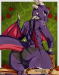  absurd_res activision anthro avante92 blush bodily_fluids breasts butt clothed clothing cynder dragon female green_eyes hi_res horn looking_at_viewer looking_back membrane_(anatomy) membranous_wings non-mammal_breasts open_mouth purple_body purple_scales scales scalie solo spyro_the_dragon sweat teeth text video_games wings 