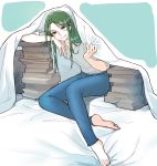  1girl alternate_costume bangs banned_artist barefoot bed_sheet blanket blue_background blue_eyes book collarbone collarless_shirt commentary_request denim drawingddoom eyebrows_visible_through_hair fire_emblem fire_emblem:_three_houses full_body green_hair hair_between_eyes highres holding holding_blanket jeans korean_commentary linhardt_von_hevring long_hair open_mouth pants partial_commentary shirt short_sleeves sidelocks simple_background sitting smile solo teeth 